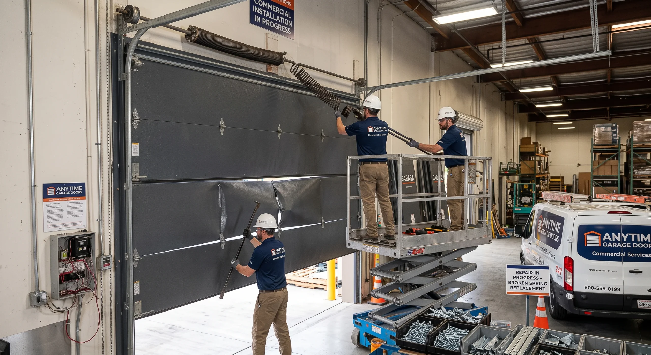 Technicians operating a scissor lift to secure heavy overhead track assembly during a Garage Door Installation in Sussex.