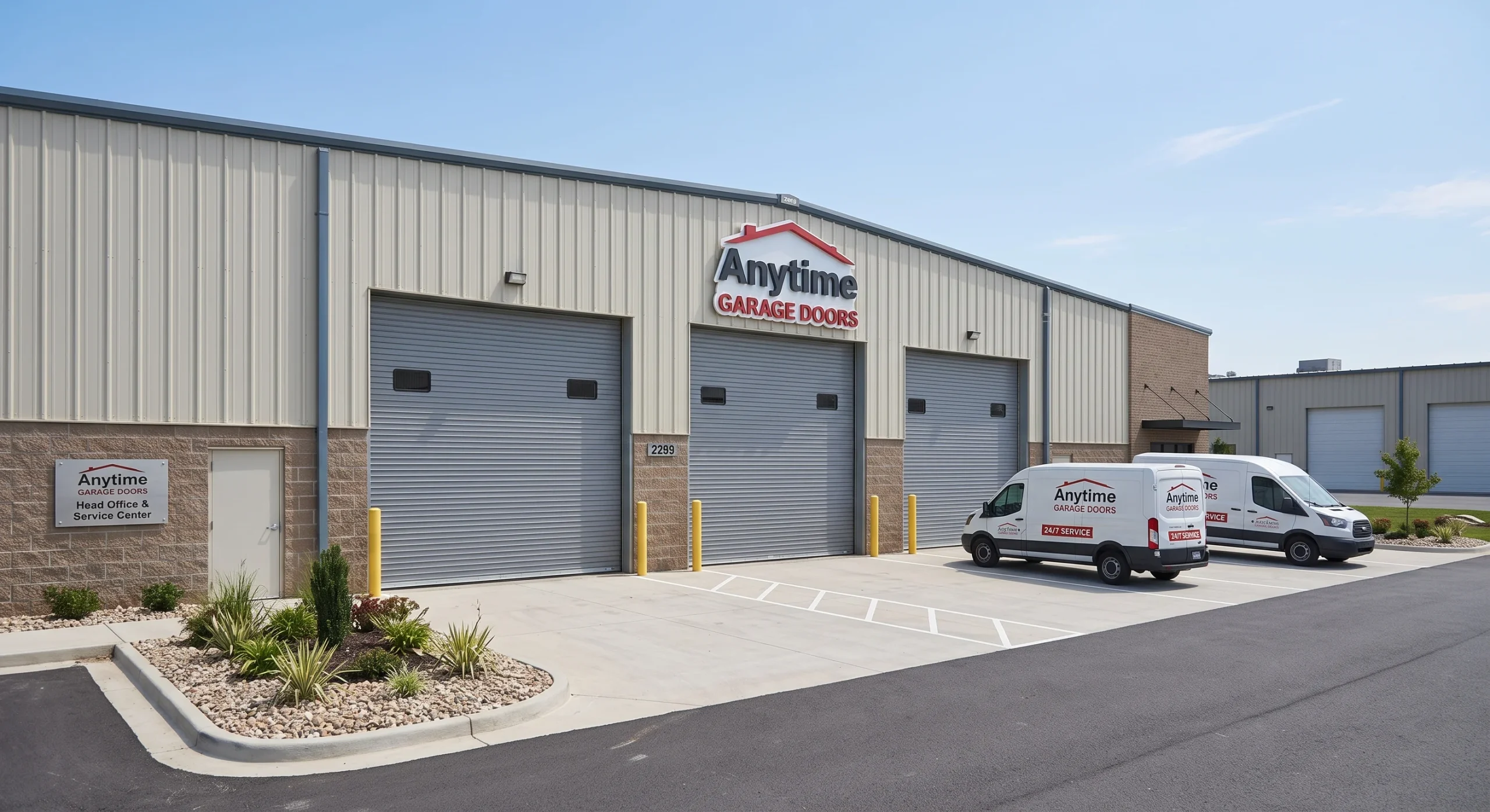 Multiple commercial roll-up doors installed on a service facility building featuring an Insulated Garage Door.