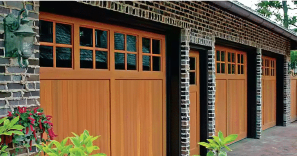 Wooden garage doors with brick surround.