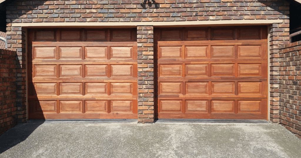 Wooden paneled garage doors on brick.