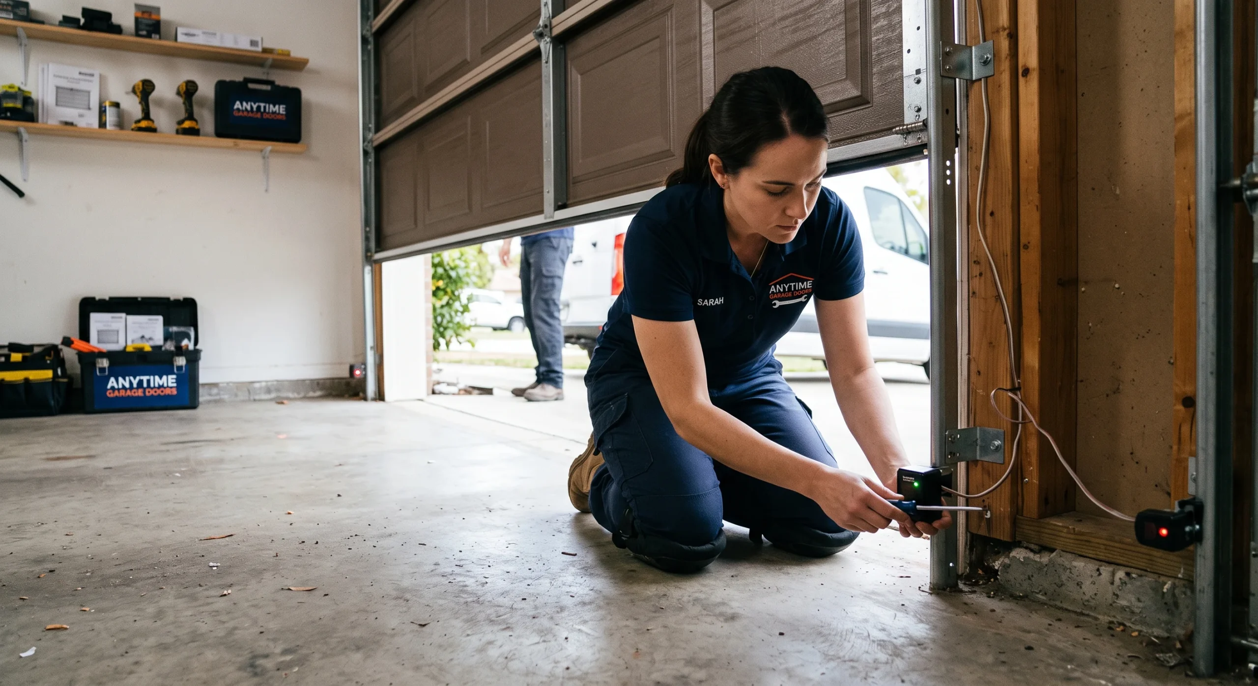 A technician kneeling with a screwdriver to align the safety eye sensors to Adjust a Garage Door Correctly.