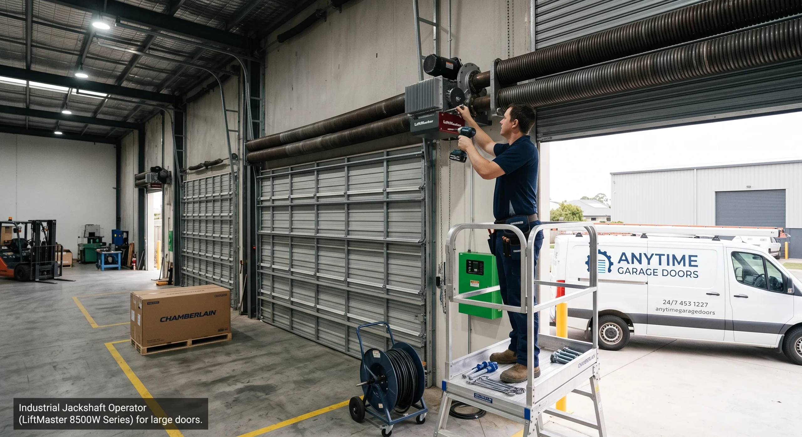 A technician working on a platform step to install a wall-mounted Heavy Duty Commercial Garage Door Opener.