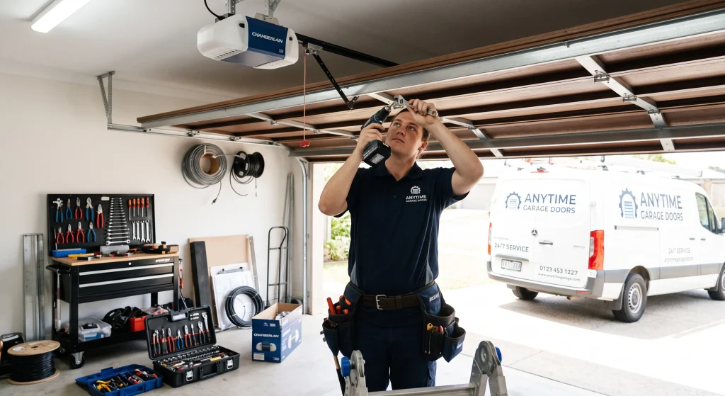 A technician using a power drill to adjust trolley bracket hardware to Replace a Garage Door Motor.