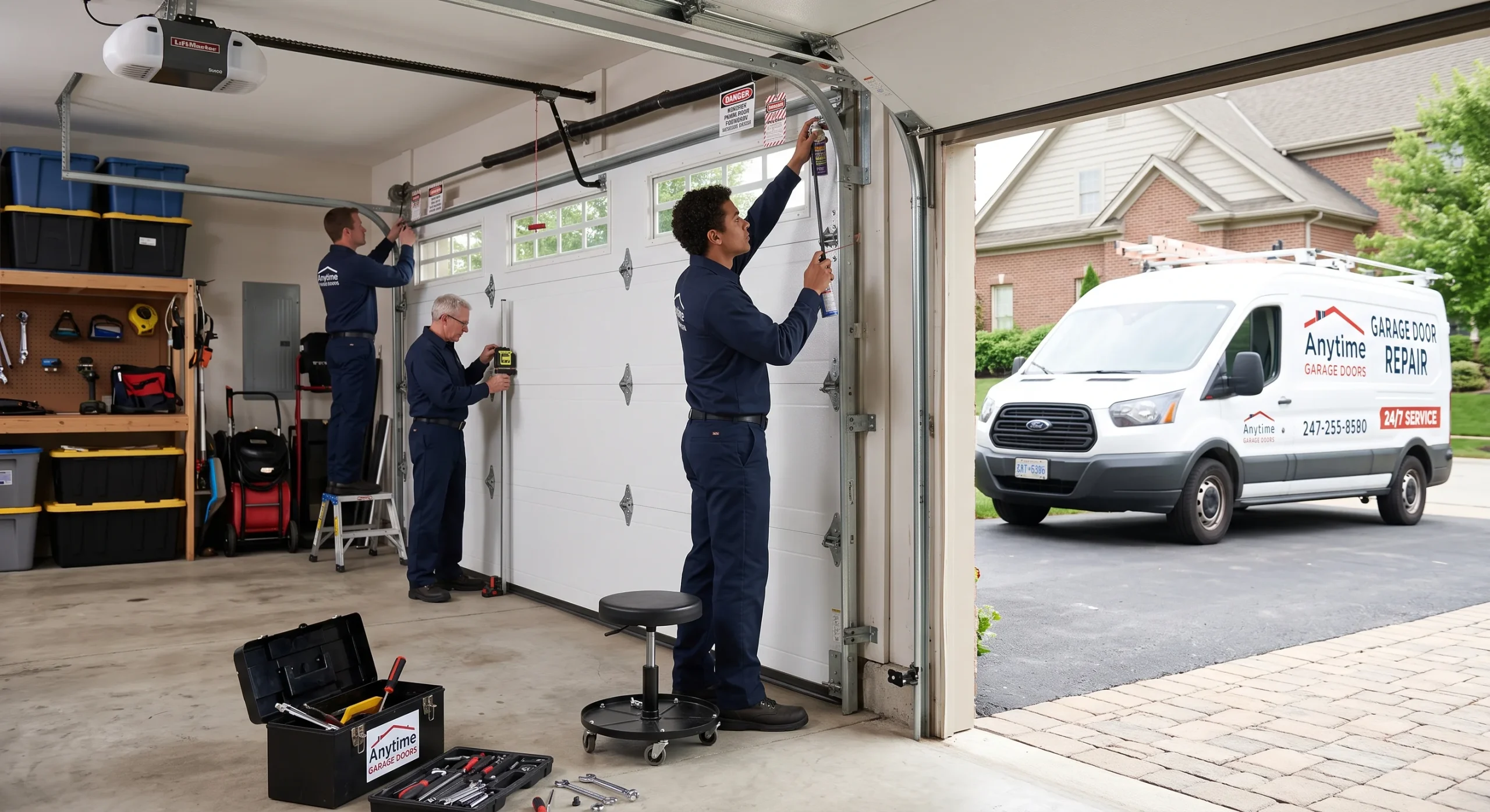 Three service technicians maintaining track hinges and door hardware for a Garage Door Repair Company in Sussex, WI.