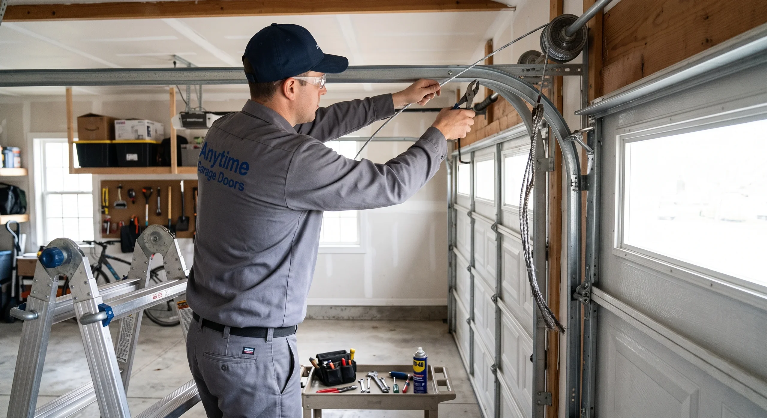 A technician using pliers to replace a lift cable on a track drum for Garage Door Repair in Sussex, WI.