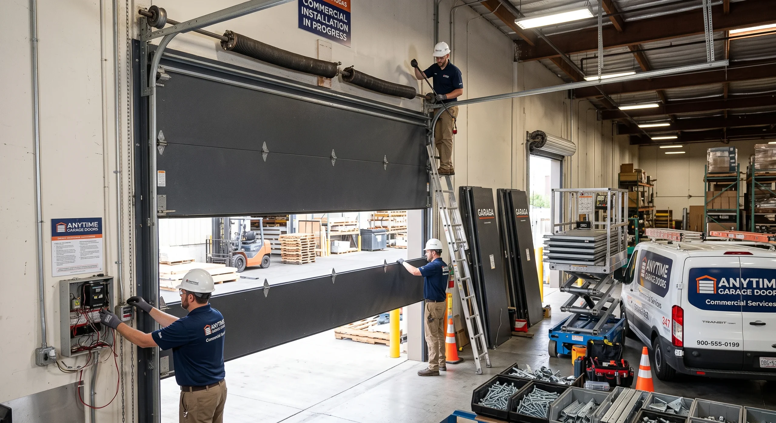 Technicians servicing a commercial overhead door and its controls for Garage Door Service in Sussex, WI.