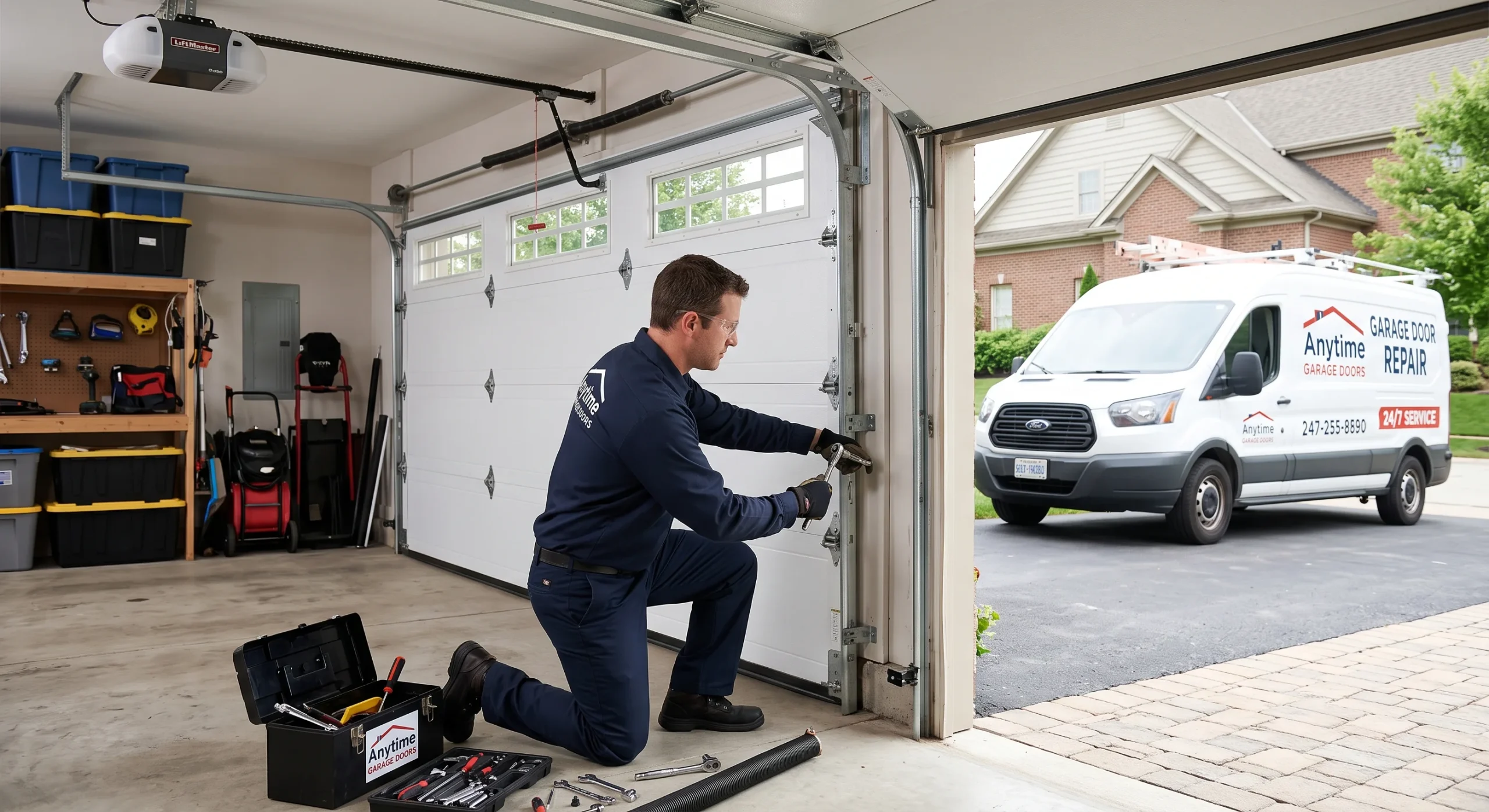 A technician kneeling with tools to adjust side track hinges on a white Garage Door in Sussex.