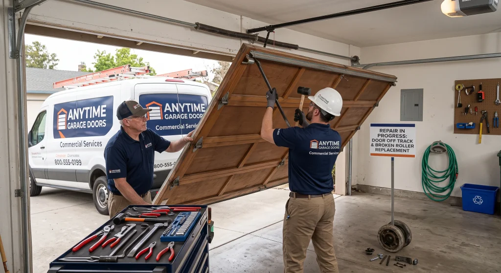 Two technicians positioning a heavy wooden panel section during a garage door installation.