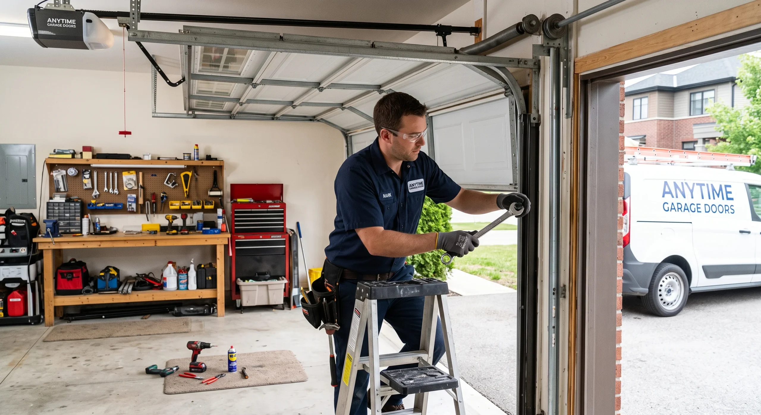 A technician using a wrench on a step stool to perform Garage Door Maintenance in Sussex, WI.