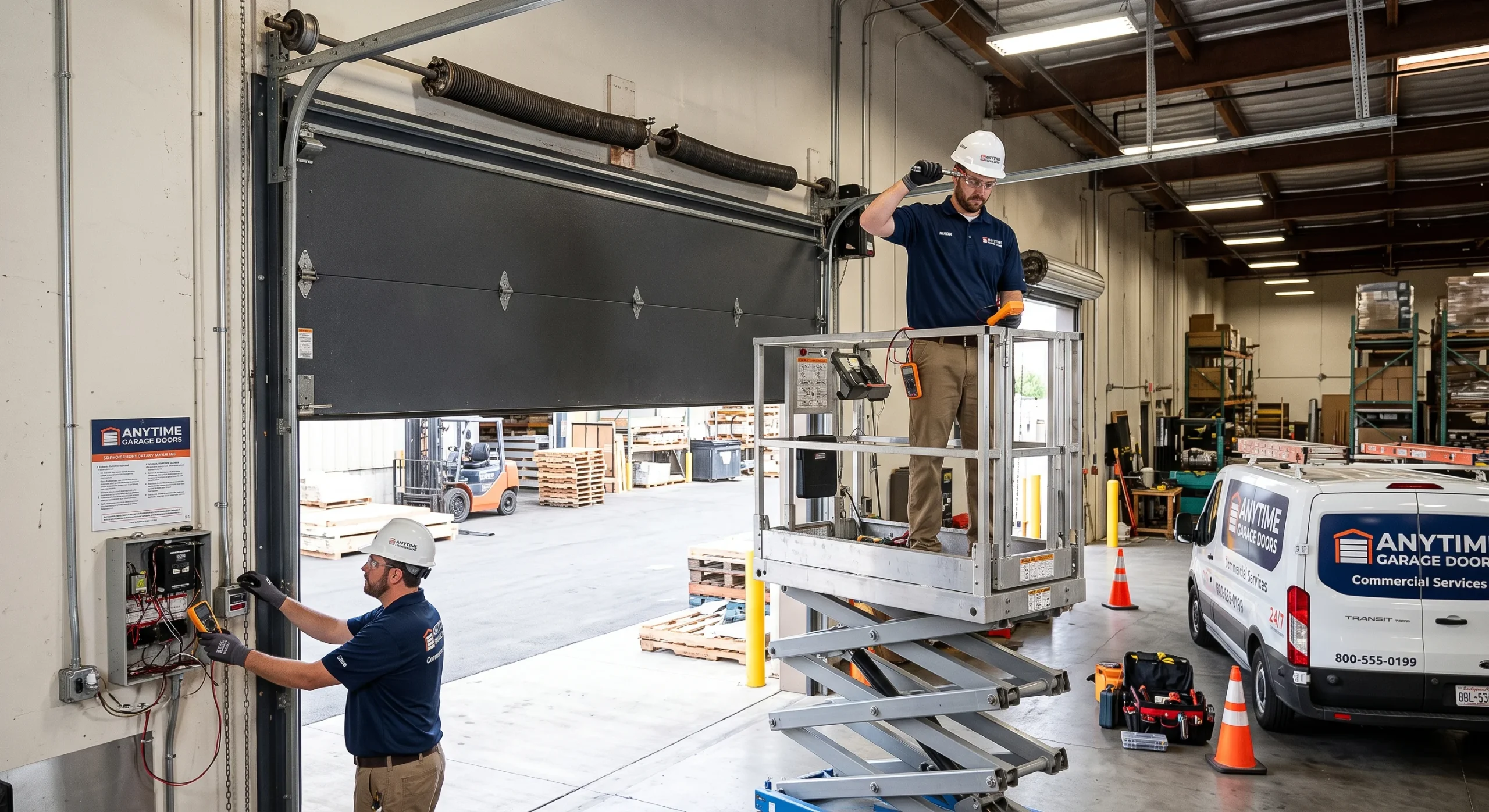 Technicians servicing a commercial overhead door in a warehouse for a Garage Door Company in Sussex, WI.