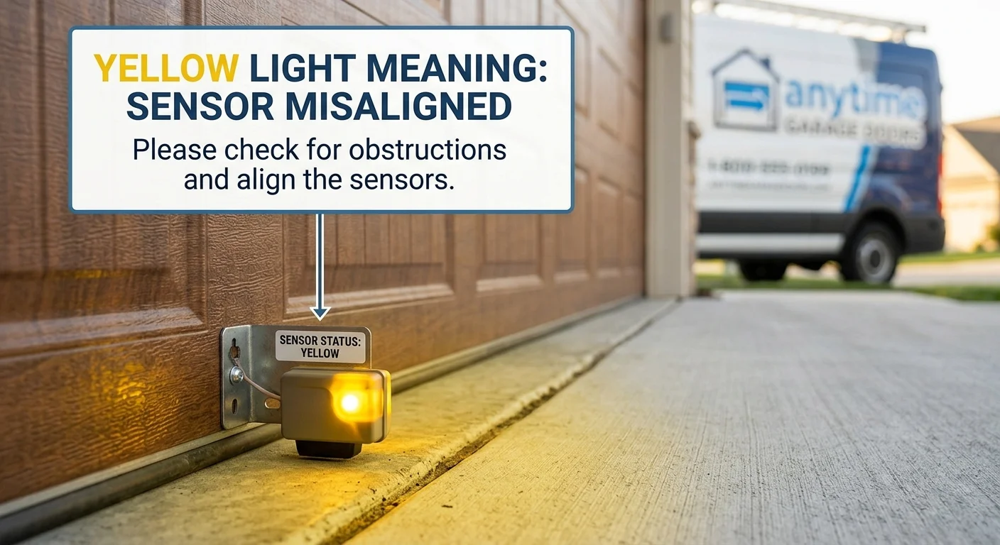 A yellow safety sensor light near a garage door track explaining a Garage Door Sensor Alignment Issue Trigger a Yellow Light.