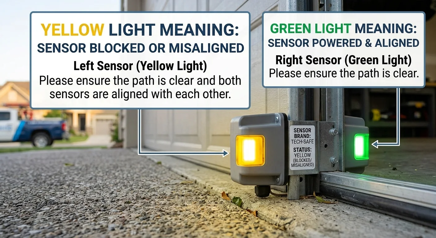 Diagnostic graphic comparing a yellow sending sensor to a green receiving sensor to troubleshoot Garage Door Sensor Yellow Light Problems.