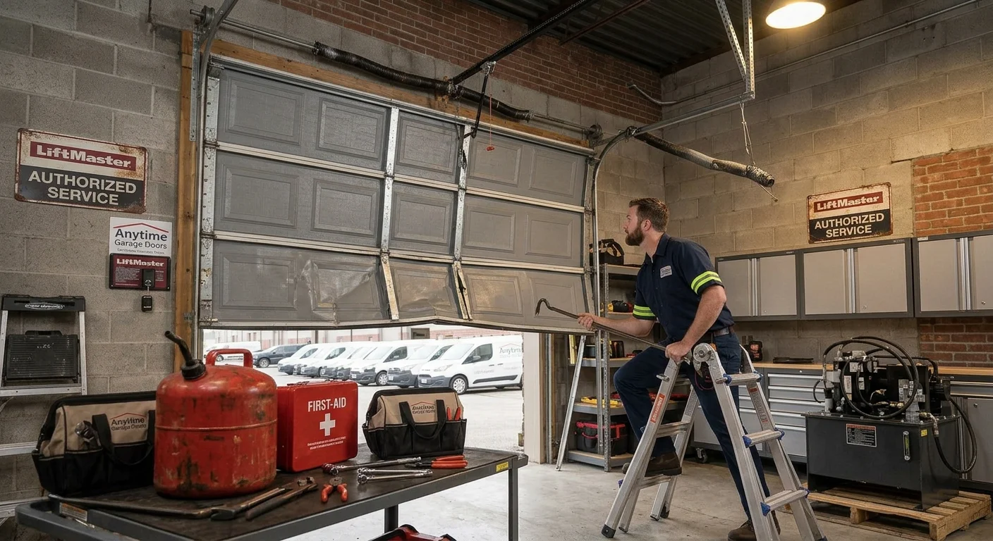 A technician on a ladder using a pry bar to realign a Stuck Garage Door jammed at an angle.