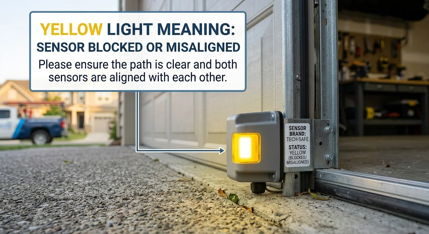A yellow safety sensor light near a garage door track explaining Why Is the Yellow Light on Garage Door Sensor Showing Up