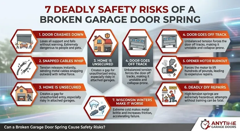 Infographic listing 7 safety risks of a broken garage door spring, including falling doors, snapped cables, home security gaps, and motor burnout.