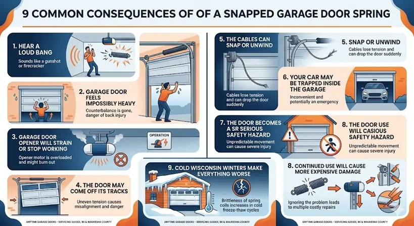 Infographic titled "9 Common Consequences of a Snapped Garage Door Spring" detailing loud noises, heavy doors, motor strain, derailed tracks, snapped cables, trapped cars, safety hazards, expensive damage, and the impact of Wisconsin winters.