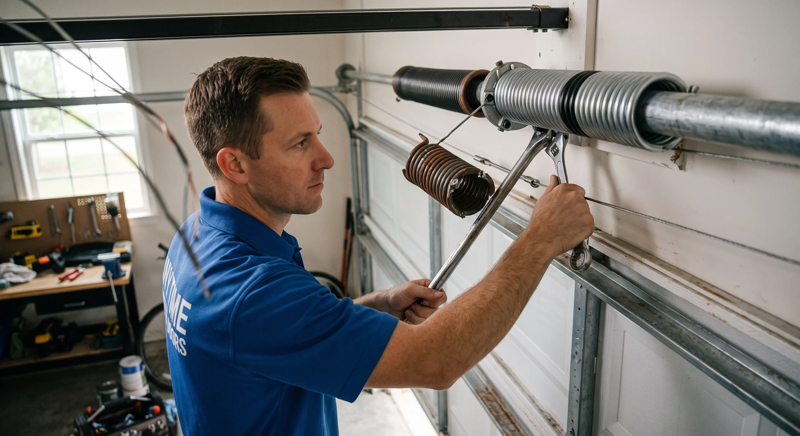 A technician using hand tools to repair torsion components for Broken Garage Door Springs.