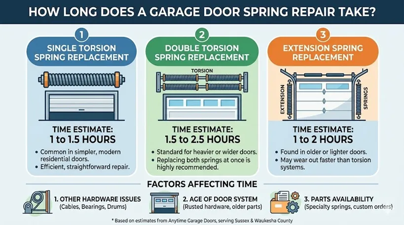 Infographic showing garage door spring repair times: 1–2.5 hours depending on spring type (torsion vs. extension) and hardware condition.