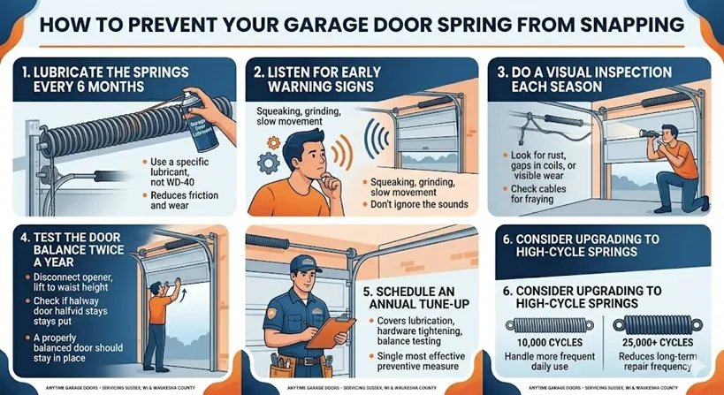 Infographic titled "How to Prevent Your Garage Door Spring From Snapping" featuring six tips: regular lubrication, listening for noise, visual inspections, balance testing, professional annual tune-ups, and upgrading to high-cycle springs.