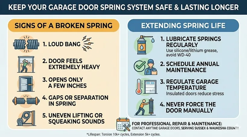 Infographic listing signs of a broken garage door spring, like a loud bang, and maintenance tips like regular lubrication.