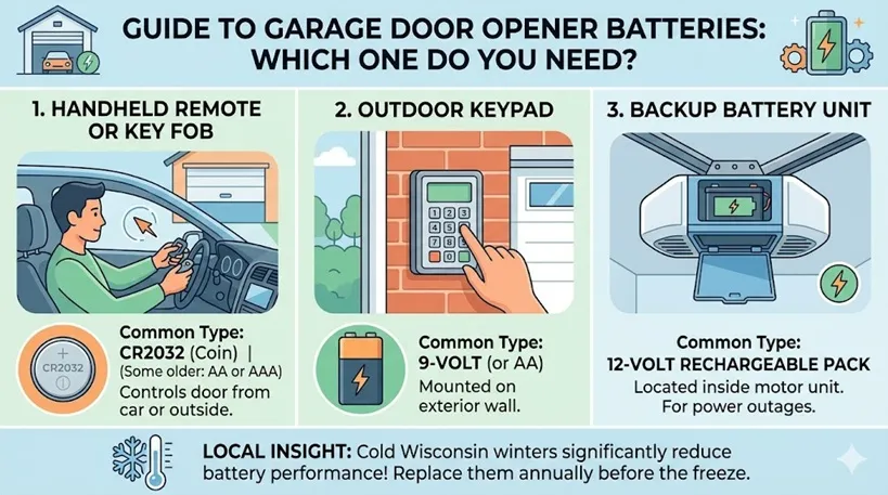An infographic titled "Guide to Garage Door Opener Batteries," detailing the three main battery types: CR2032 coin batteries for handheld remotes, 9-volt batteries for outdoor keypads, and 12-volt rechargeable packs for backup battery units.