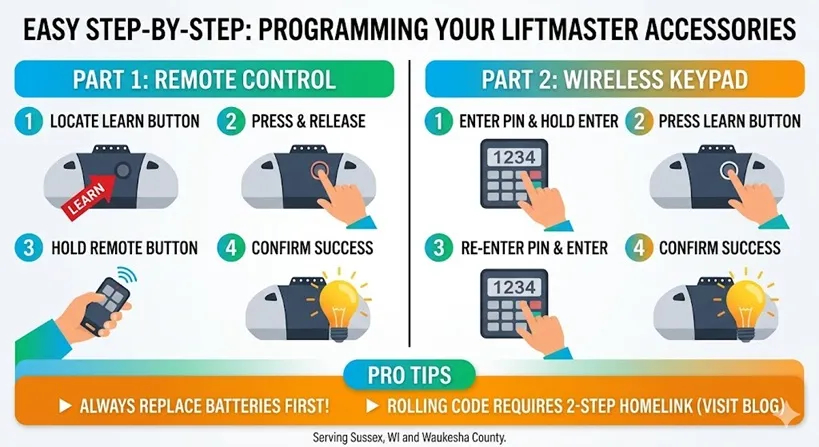 Step-by-step visual guide for programming a LiftMaster remote and wireless keypad, including PIN entry and the 30-second LEARN button window.