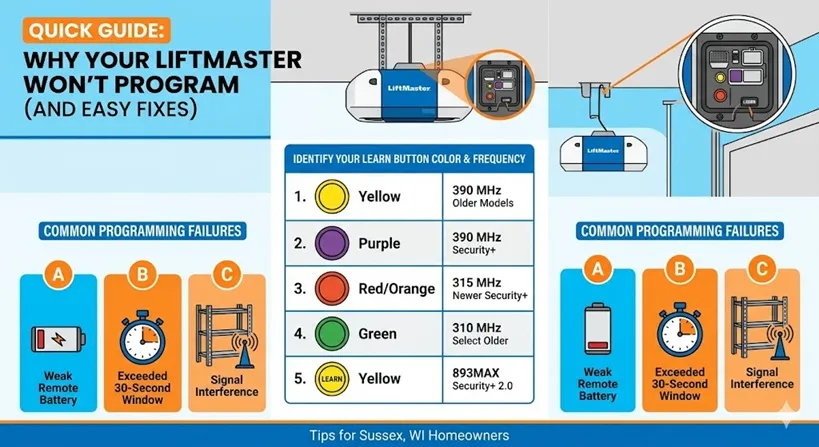 LiftMaster troubleshooting guide showing LEARN button colors (Yellow, Purple, Red, Green) and common fixes like battery replacement and signal interference.