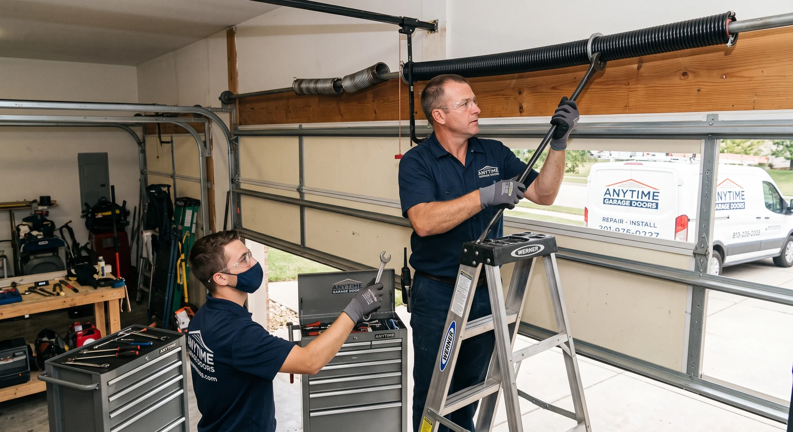 Two technicians using winding bars and wrenches to replace a Broken Garage Door Spring.