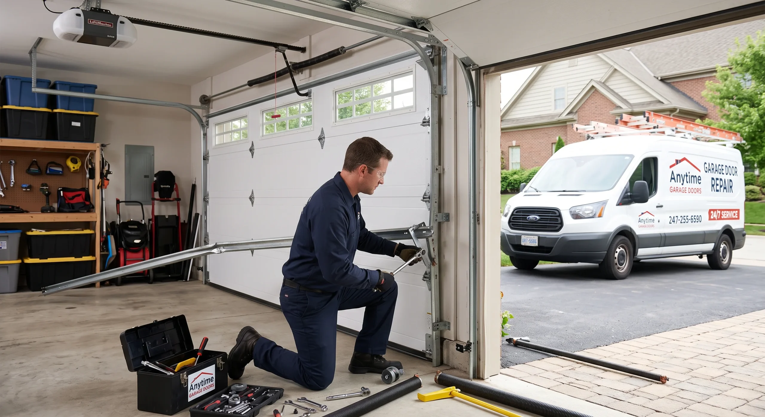A technician kneeling next to a misaligned garage door panel using hand tools to demonstrate How to Fix a Garage Door Off-Track.
