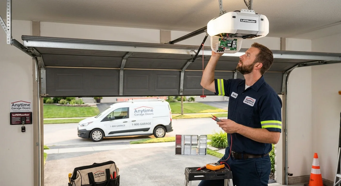 A technician using test leads to service a unit while preparing to Replace Garage Door Opener Battery.