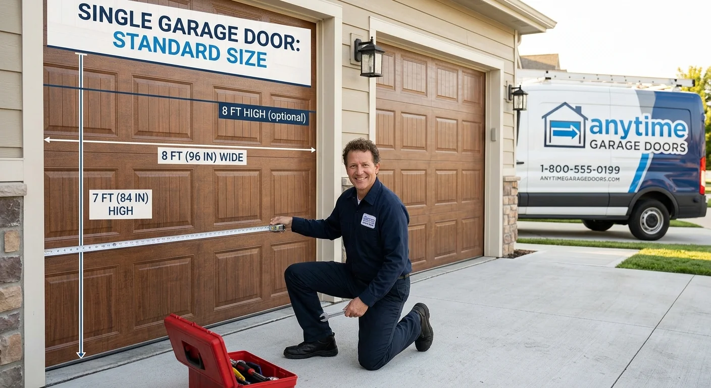 a residential wooden garage door displaying dimensions for standard single door sizes, showing a standard width of 8 feet (96 inches) and heights of 7 feet (84 inches) or an optional 8 feet